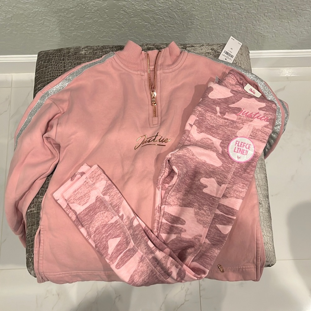 📌Sold📌.      Pink Justice Sweatshirt & matching Fleece lined camo leggings